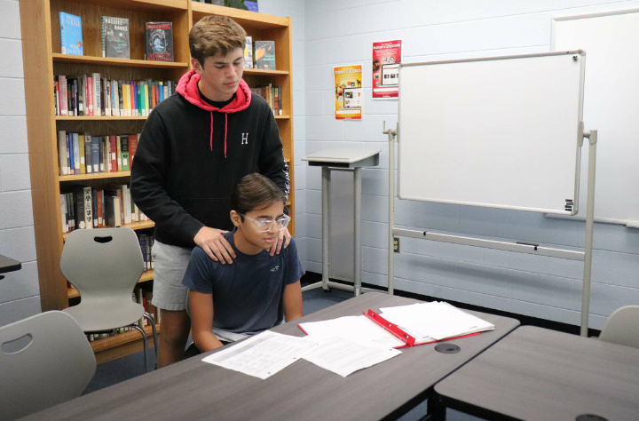 Students look at plans for their next project.