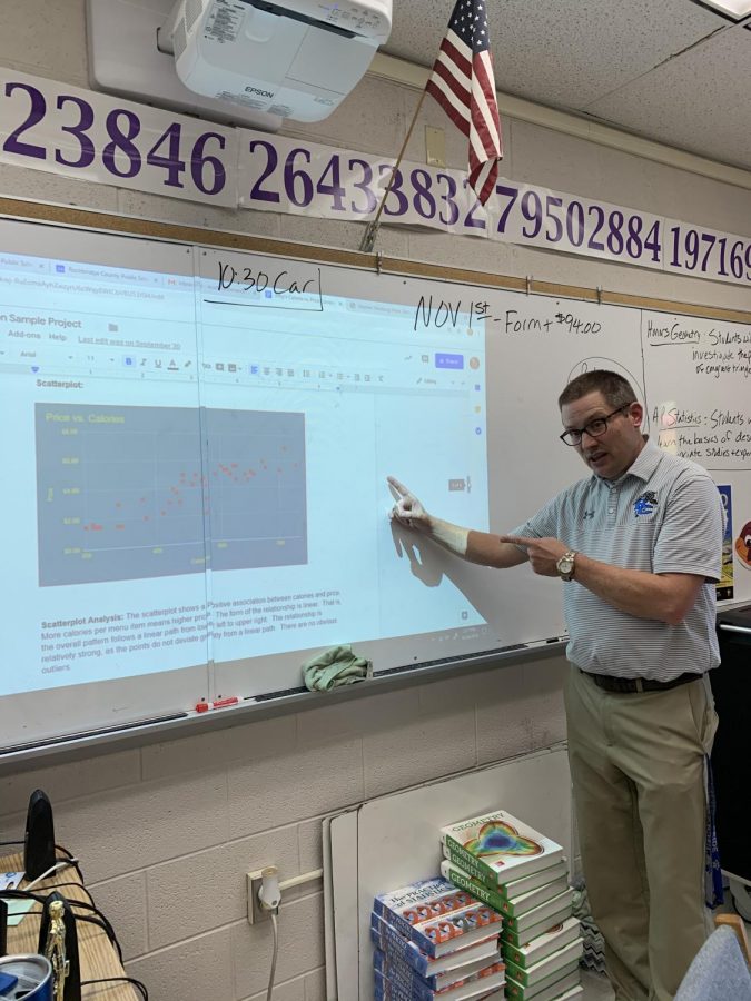 AP Statistics teacher Scott Fleshman shows his students how to create scatterplots for their projects.