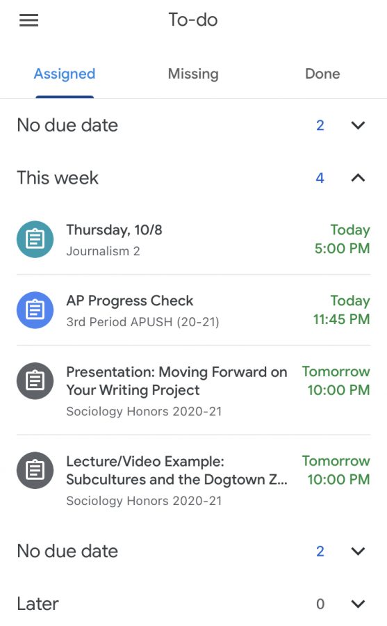 A typical Google Classroom to-do list.