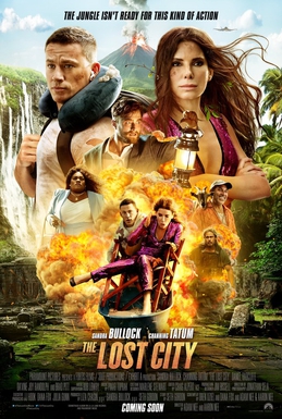 The Lost City movie cover displaying some of the main characters; Loretta, Alan, Fairfax, Beth, and Oscar.