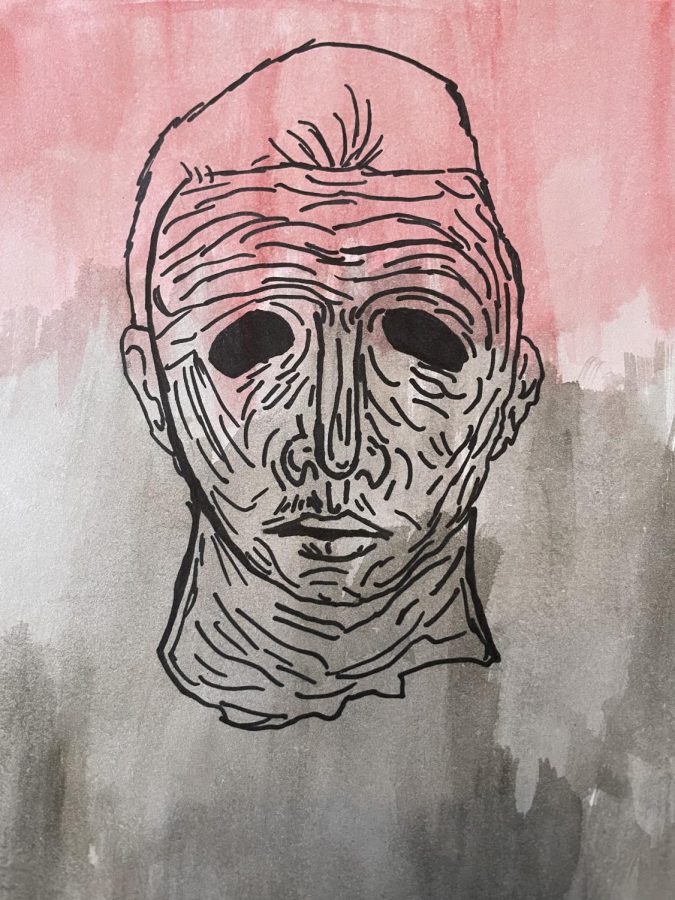 A hand drawn portrait of Micheal Myers mask. 