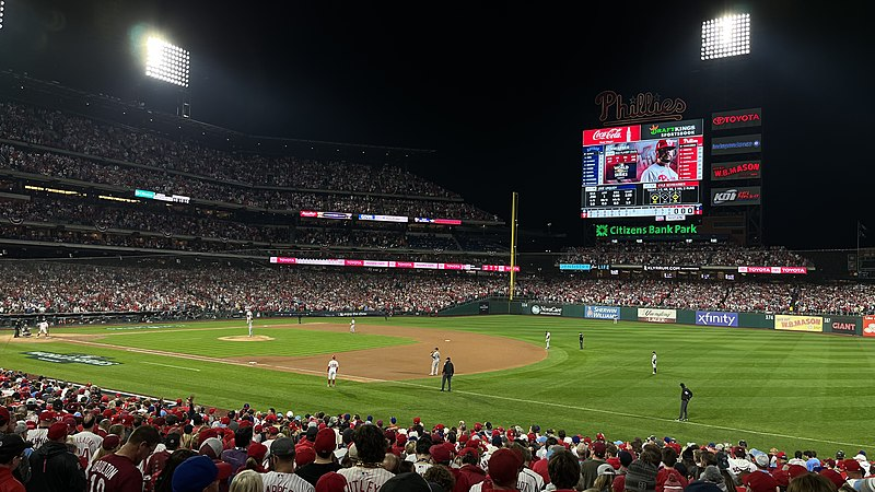 The Philadelphia Phillies take on the Houston Astros in Game 3 of the World Series by Benhen1997, from Wikimedia Commons, License.