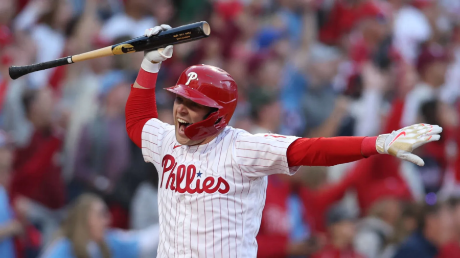 Rhys Hoskins celebrates after a dramatic home run against the Braves. Photo taken by Bill Streicher.