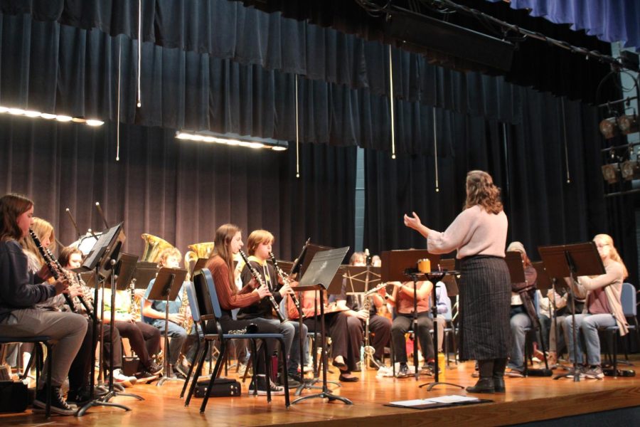 Band and chorus rehearse for winter concert. 