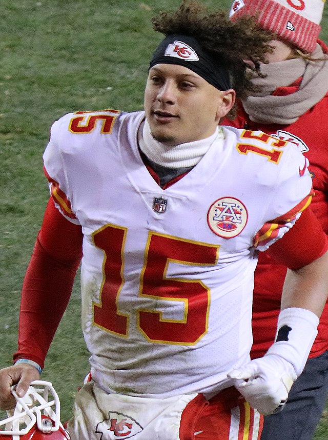 Patrick Mahomes takes the field by Jeffrey Beall, from Wikimedia Commons, 
License.