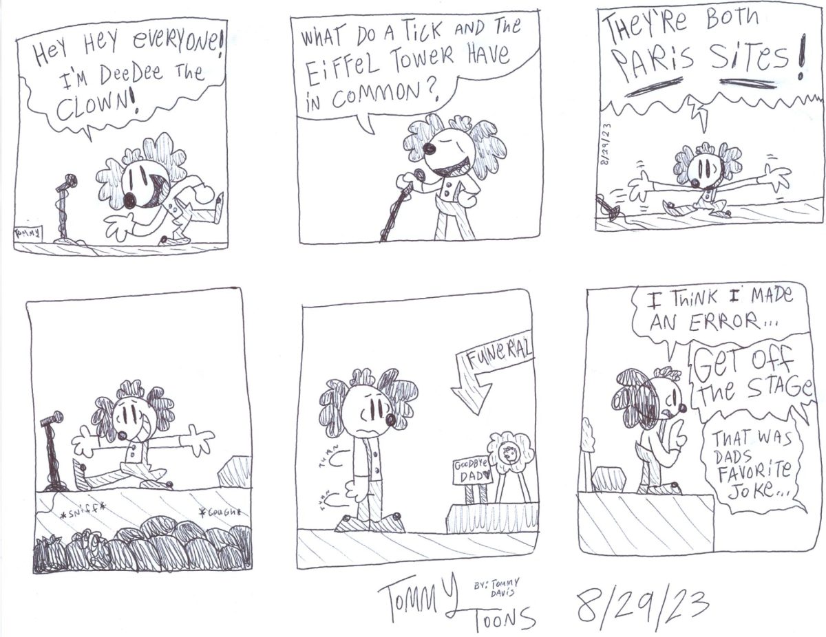 In this First Comic in the TTCU (Tommy Toons Comics universe) we see a comic about a clown who does some standup at the wrong stage...with the wrong audience.

INCASE You cant read the Handwriting or some other problem occurs, here is the joke:

P1-- {Clown walks up on stage} Clown: Hey Hey Everyone! im DeeDee the clown!

P2--- DeeDee: what do a tick and the eiffel tower have in common?

P3--- DeeDee: THEYRE BOTH PARIS SITES!


P4--- {audible silence, sniffs and coughs}

P5--- {DeeDee turns and sees that there is a casket onstage, with a very obvious Funeral service memorial for someones dad taking place, DeeDee is not on the right stage}

P6--- DeeDee: I think ive made an error...
Person: GET OFF THE STAGE
Different person: That was DADS Favorite joke...

By: Tommy Davis