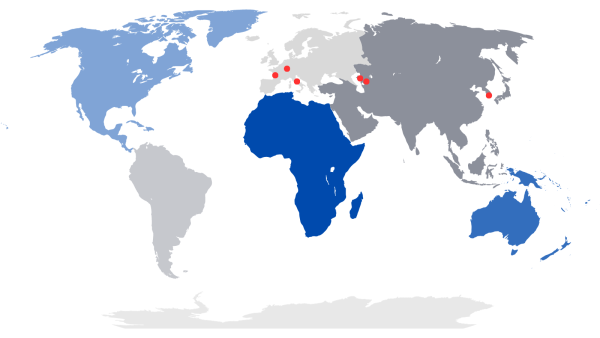 Various countries where exchange students are from. The countries are Uzbekistan, Italy, France, South Korea, Germany, and Kazakhstan.
