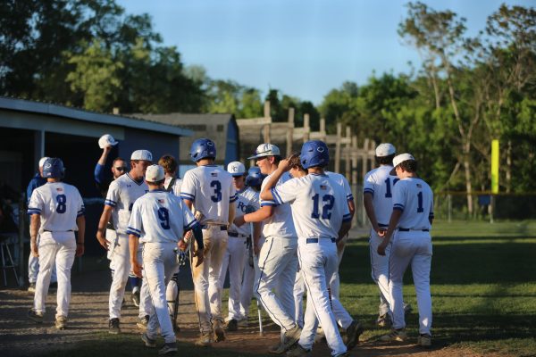Players celebrating after a home run. 