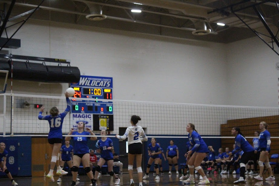 Freshman Casadee Mauck hits the ball from the outside position over the net.