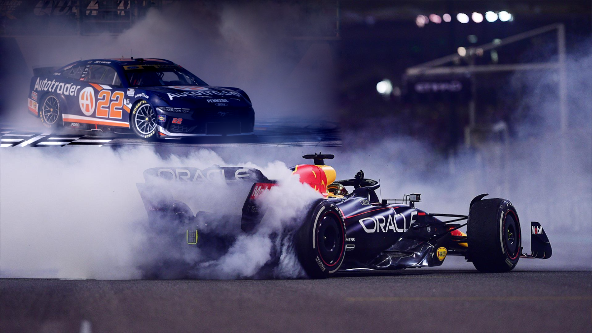 Top Left: Joey Logano performing donuts after his victory in the 2024 NASCAR Cup Series Playoffs Opener
Bottom: Max Verstappen in the Red Bull Racing RB18 after winning the 2022  Abu Dhabi Grand Prix