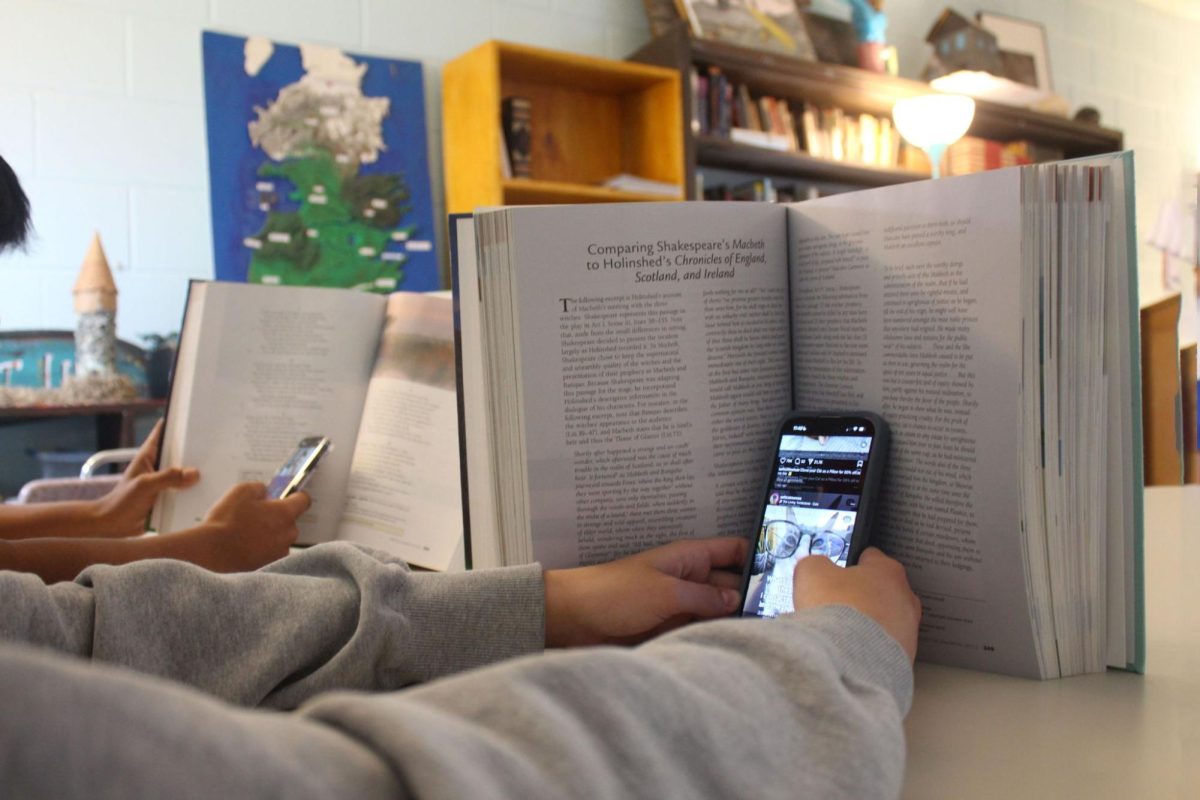 Students looking at their phones during class.
