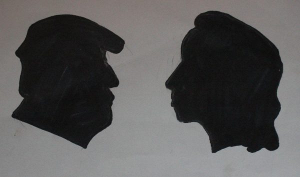 A drawing of Donald trump and Kamala Harris' silhouettes. 