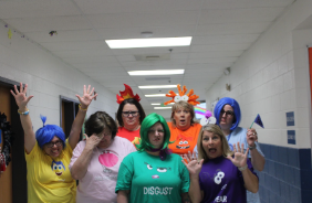 School counselors dressing up as emotions from "Inside out"