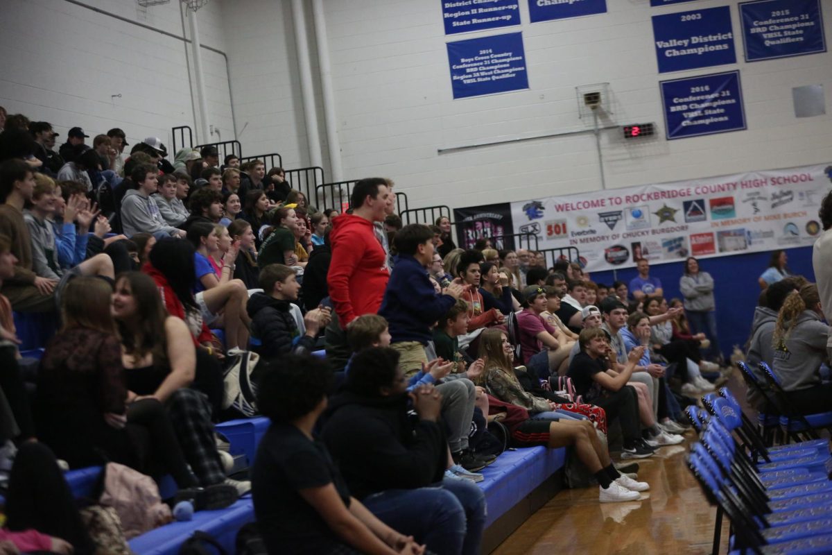 The crowd cheers for the game.