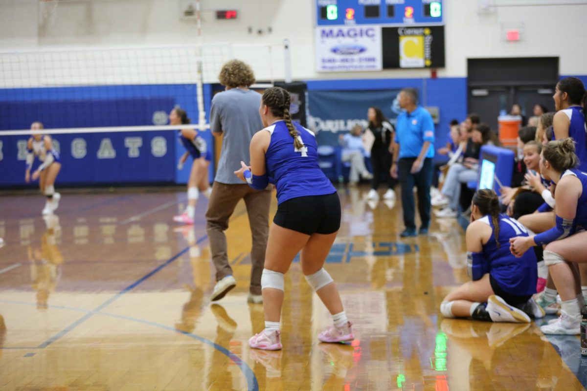 Senior Hayley Higgins cheers on the team during the game.
