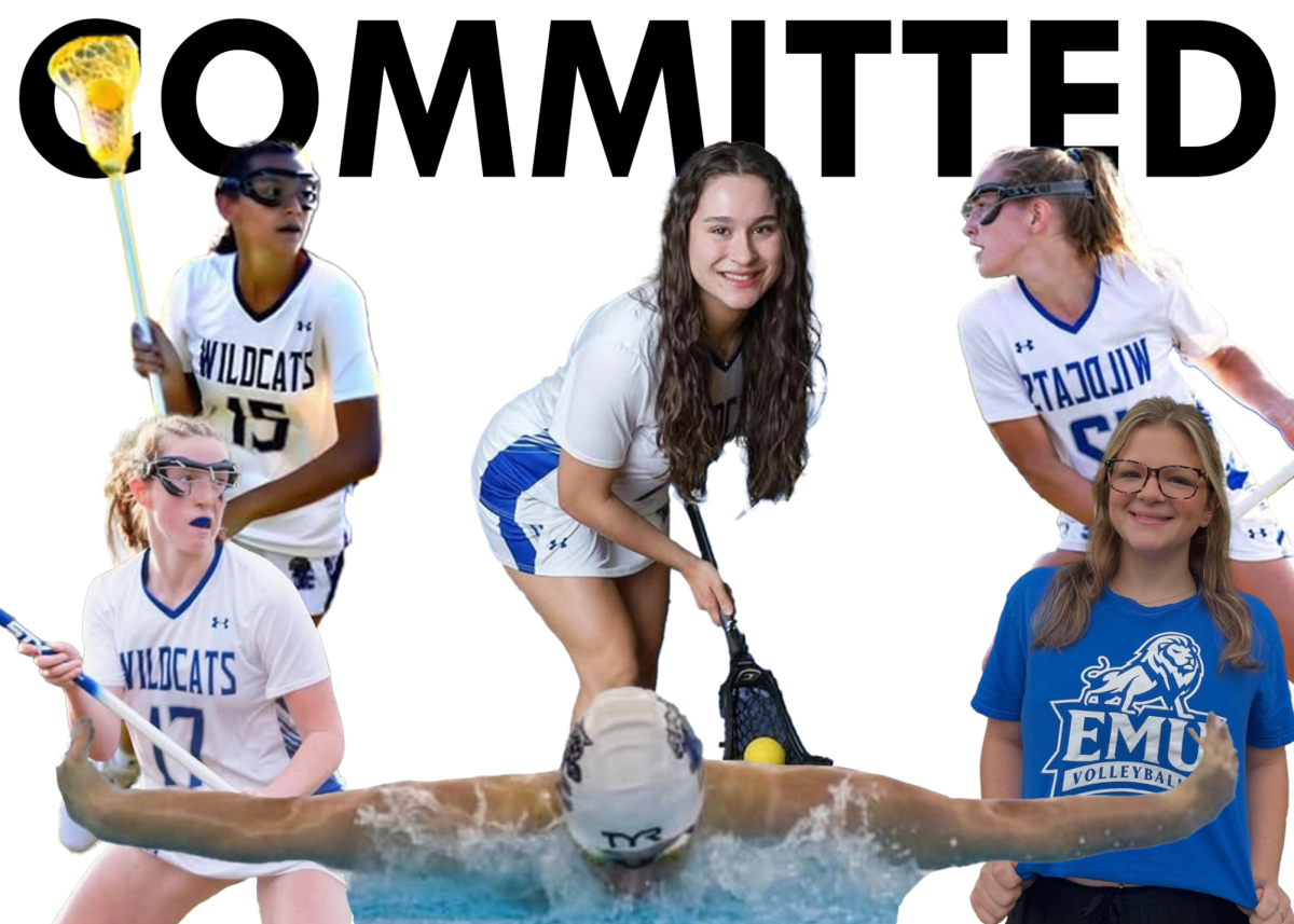 Student athlete commits from left" Emma McKnight, Lola Mulitalo, Keagan Black, Nadia Gaydos, Anna Nye, and McKenzie Mcormick. Graphic was made before Braelyn Polly announced her commitment.