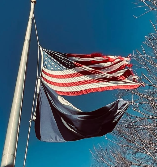 A tattered American flag caught on a tree, pictured outside of Rockbridge County High School in Jan. 2023